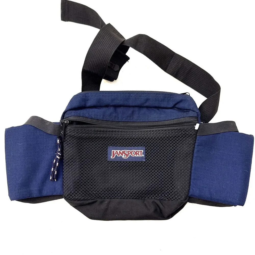 Jansport Navy Blue Fanny Pack Belt Bag Waistpack 3 Zippered Pouchs Large